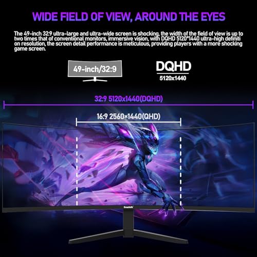 Gawfolk 49 Zoll Curved Gaming Monitor 120 Hz, 1500R Gebogen PC Bildschirm mit Lautsprecher, DQHD 5120x1440, Computerbildschirm für Home Office und Business, DP, HDMI, unterstützt VESA 100x100mm 2