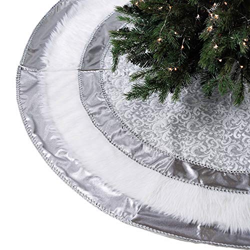 Valery Madelyn 48 Inch Frozen Winter Silver White Large Christmas Tree Skirt Decorations With Baroque Patterns And Satin Trim, Holiday Party Christmas Tree Decor #TOP20