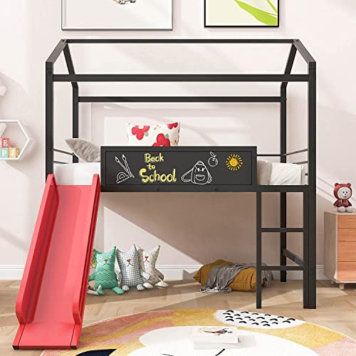 Harper & Bright Designs Twin Size House Loft Bed with Slide, Metal Loft Bed Frame Twin with Ladder, Kids Playhouse Loft Bed with Writing Board for Girls Boys, No Box Spring Needed,Black+Red