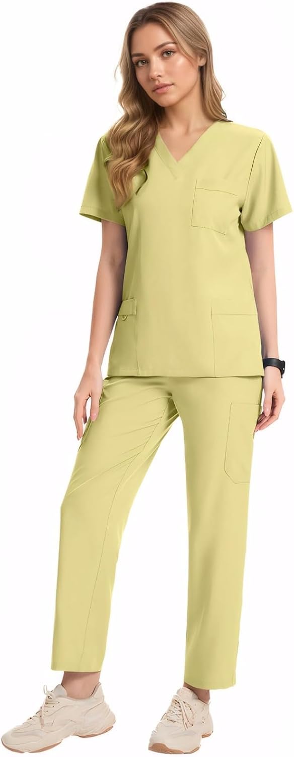 Maizoon Scrubs Set for Women Elastic Healthcare Medical Uniform Nurse Clothing Quick Dry V Neck Comfortable Top and Pants