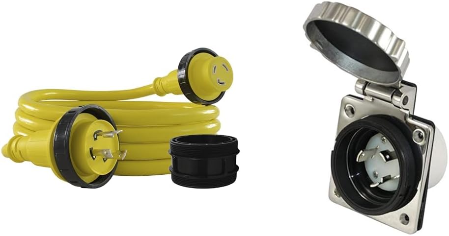 Conntek 17105-025RE 25-Foot 30 Amp Marine Cordset and 30A 125V Stainless Steel Locking Boat Inlet Bundle