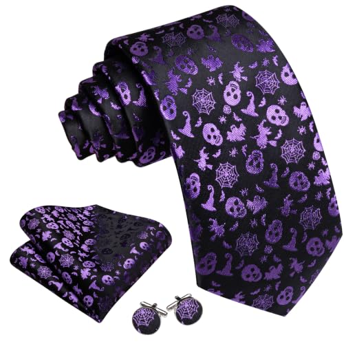 Image of Barry.Wang Men Tie Sets Skull Extra Long Necktie Pocket Square Cufflinks