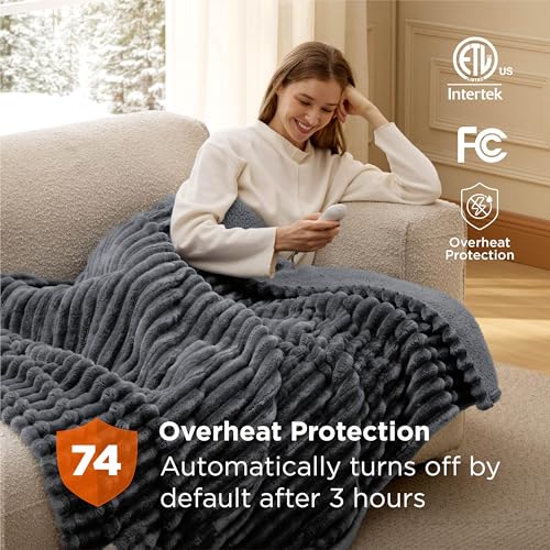 Image of Bedsure Heated Blanket Electric Throw - Thick Striped Flannel Electric Blanket, Heating with 4 Time Settings, 6 Heat Settings, and 3-Hour Timer Auto Shut Off, Gift for Grandma (50x60 inches, Grey)