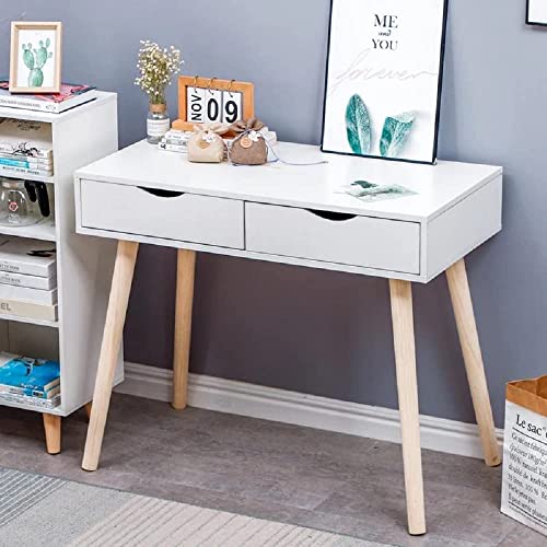 Image of Nightstand Mid-Century Modern Bedside Table with Solid Wood 4 Legs Practical End Side Table Engineered Wood Desk with 2 Storage Drawers for Small Space White