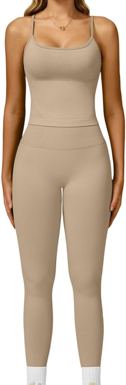Womens Workout Sets 2 Piece Athletic Outfit, Cami Tank Top High Waist Leggings Yoga Gym Running Womens Workout Sets