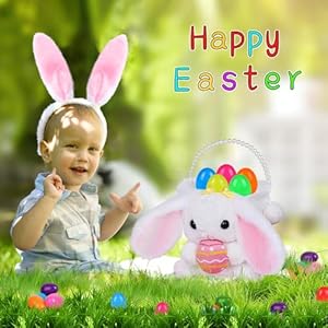 digi Easter Basket Stuffers for Toddler Plush White Bunny Easter Basket with Easter Bunny HeadbandEaster Basket Plush Playset for Party Favors Easter DecorationsEaster Gifts for Baby Kids