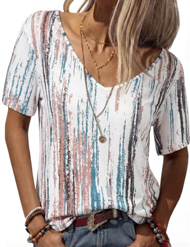 Image of Danedvi Women Deep V-Neck Short Sleeve Tops Solid Casual Loose T Shirt