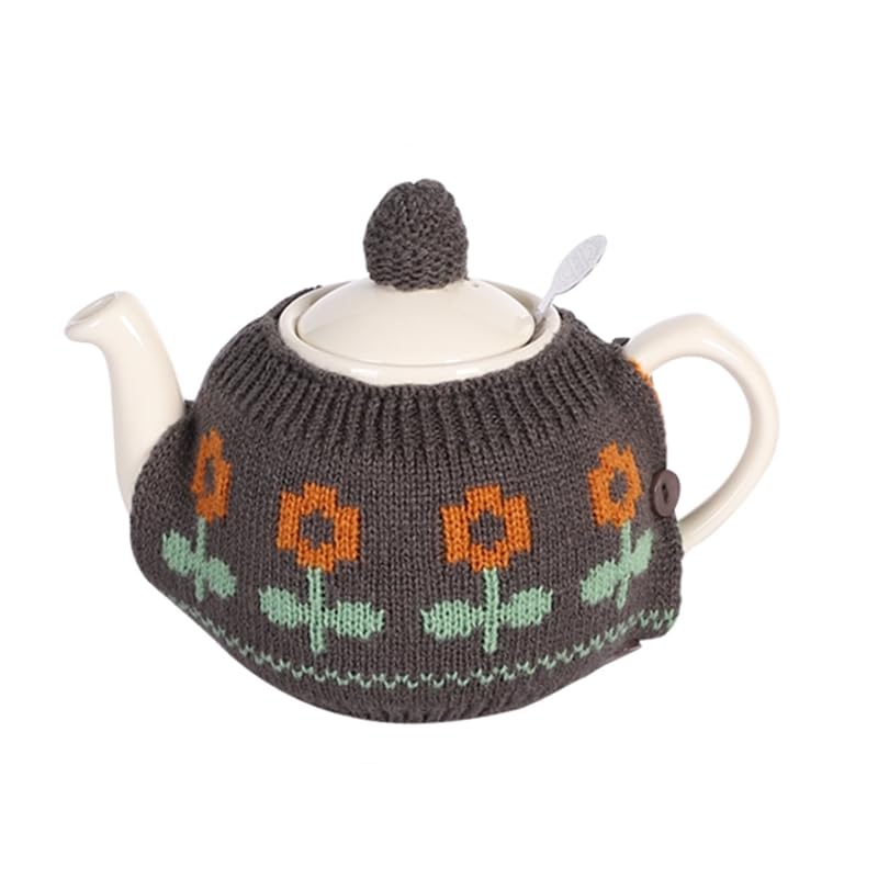 Knitted Teapot Cozy, 2-Piece Split Design with Button Fastening, Acrylic Insulated Teapot Cover for 2 Cup 15-20 oz Teapots, British Style Decorative Tea Warmer, 9 Patterns Available，DARK GREY