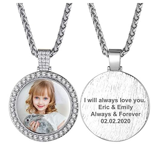 GOLDCHIC JEWELRY Ice Out personligt fotohalsband, anpassade graverade bilder text hänge, CZ rund/hjärta/fyrkantig bling smycken anpassade minnesgåvor för män kvinnor, colore: 2, Rund - Platina, cod. 2DP22299B2163-26-OEMGC-EUG