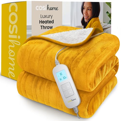 Cosi Home® Luxury Heated Throw - Electric Blanket - Extra Large Heated Blanket, Machine Washable Fleece & Sherpa with Digital Remote, Timer and 10 Heat Settings… Single - 160x130cm Mustard