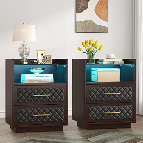 Tribesigns Nightstand With 2 Drawers, Beside Table With Led Lights And Storage Shelf, Modern Night Stand Accent End Table For Bedroom, Living Room, Walnut #TOP21