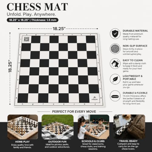 Image of Vinson Tournament Chess Set for Adults & Kids | 18.25 x 18.25 Inch Foldable Vinyl Board with Solid Plastic Chess Pieces, 2 Extra Queens & Zipper Storage Bag | Professional Portable Game Set (Black)
