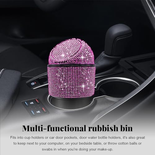 Image of Yourkar Bling Car Trash Can with Lid, Sparkling Crystal Auto Garbage Can with Leak-Proof Lid, Multipurpose Waterproof Trash Bin for Automotive Home Office Kitchen Bedroom (Pink)
