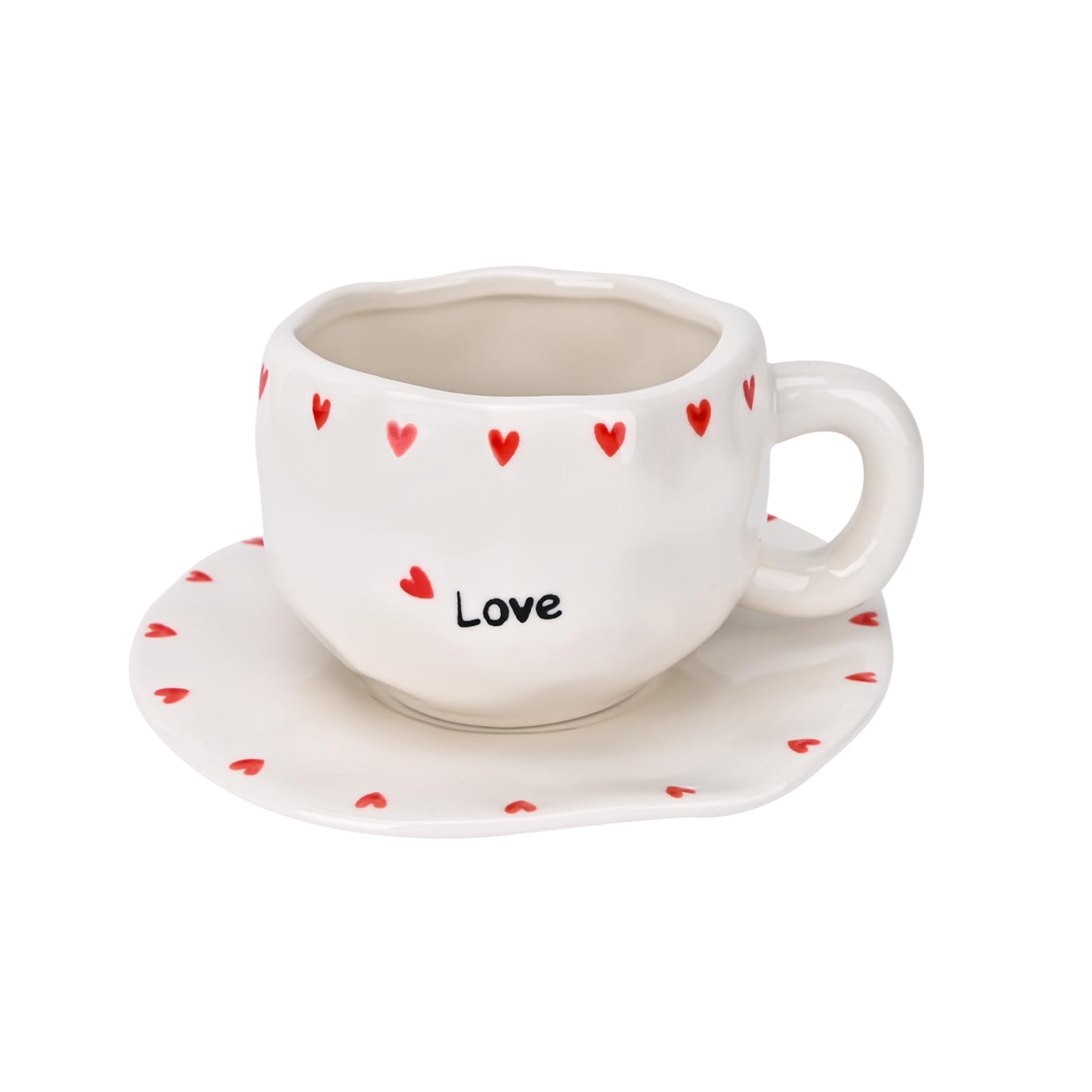 Koythin Ceramic Coffee Mug with Saucer Set, Cute Creative Love Heart Cup Unique Irregular Design for Office and Home, 10 oz/300 ml for Latte Tea Milk