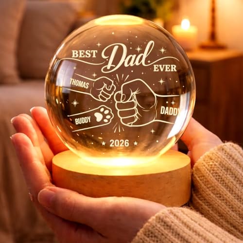 Image of Personalized Best Dad Ever LED Crystal Ball Lamp with Hand Design, Custom Name Dad Gift, Fathers Day Gift from Kids, Daddy Keepsake Light, Customized Gift for Papa