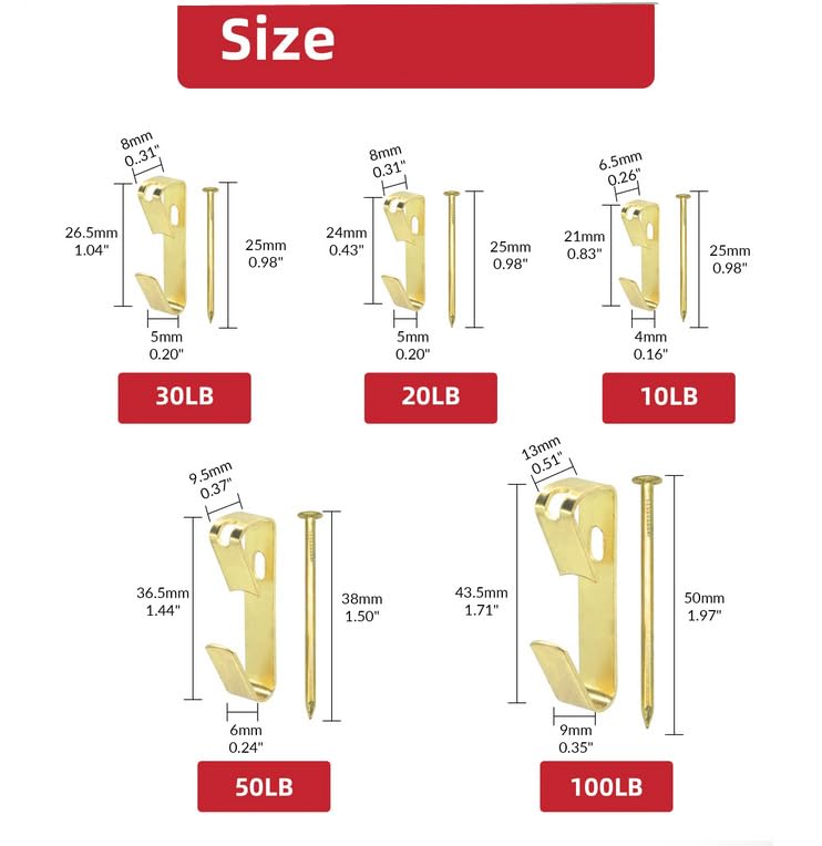 Image of 120pcs Picture Hanging Kit, 10lb, 20lb, 30lb, 50lb and 100lb Picture Hangers, Metal Picture Hanging Hooks Set with Nails, on Drywall, Wooden Wall Photo Frame, Mirror, Canvas, Wall Art (Gold)