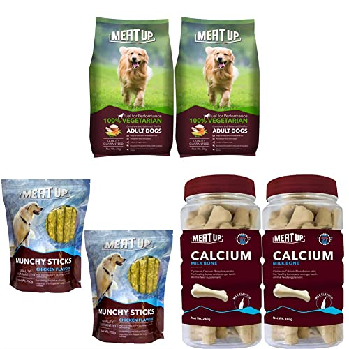 Image of Meat Up 100% Veg Adult Dry Dog Food, 3kg (Buy 1 Get 1 Free) & Calcium Bone Jar, Dog Supplement Treats - 240 g, 30 Pieces (Buy 1 Get 1 Free) & Munchy Sticks, Chicken Flavour, 700 g (Buy 1 Get 1 Free)
