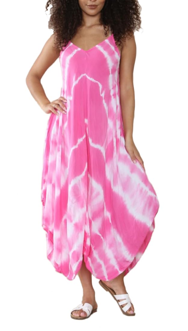 Fairy Trendz Ltd Women's Fuchsia Tie Dye Lagenlook Cami Strappy Baggy Harem Jumpsuit Dress Romper Jumpsuit ( One Size)