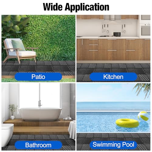 Image of ToLanbbt Modular Interlocking Cushion 12P 11.8 inch x 11.8 inch Interlocking Rubber Floor Drain Holes Non-Slip Splicing Drainage Mats for Deck, Shower, Kitchen, Drain Pool, Sauna Bath (Black, Diagonal)