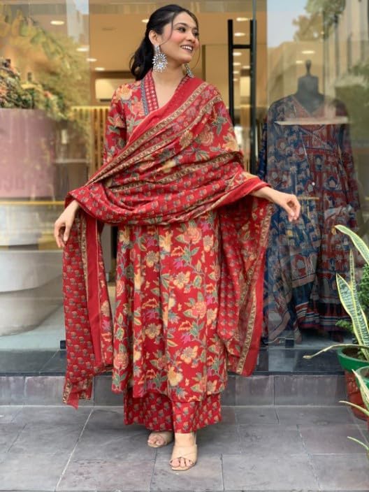 Image of Yashika Women Cotton Blend Floral Printed Kurta Plazzo Set with Dupatta Suitable For Every Indian Occasion