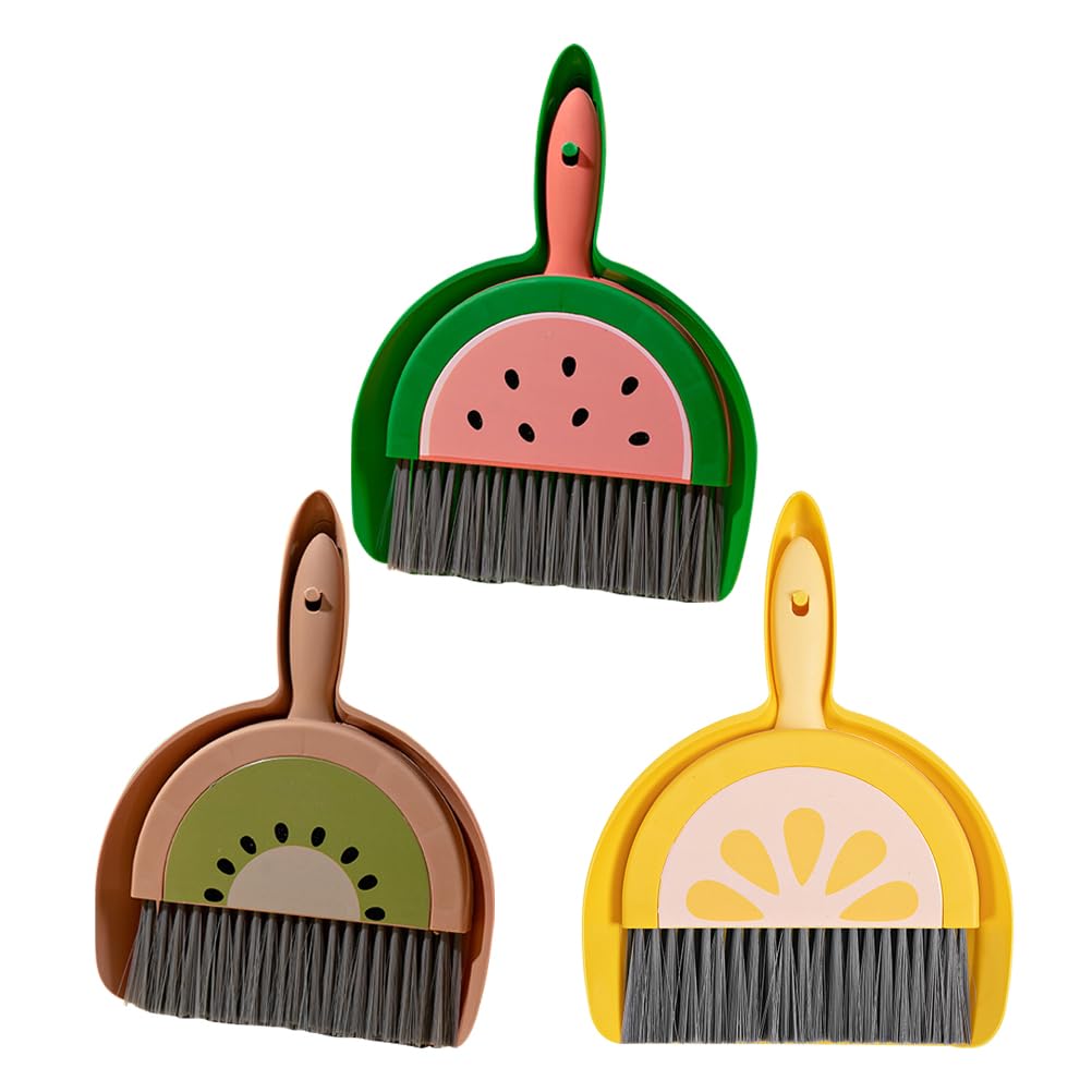 LOGOFUN 3 Sets Mini Broom and Dustpan Kit Household Fruits Theme Table Top Brush Small Sweeper Cleaning Tool for Home Office Desktop Supplies