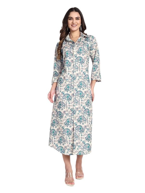 tilism Women Cream Floral Printed Shirt Collar Neck A-Line Maxi Dress-picture-13