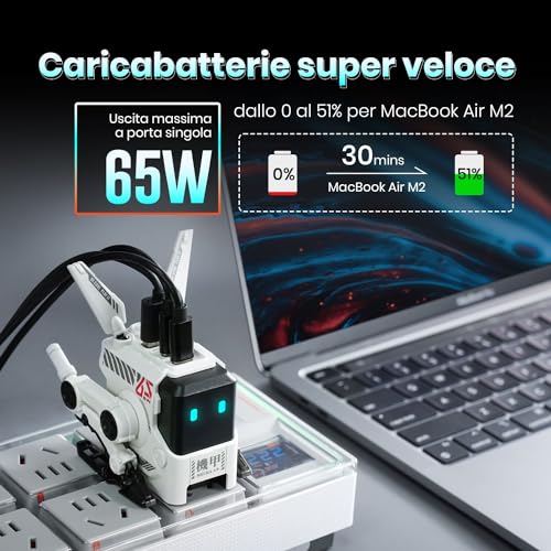 Caricabatterie rapido GaN Alpha da 65W, caricabatterie rapido a 3 porte con presa multipla da viaggio, caricabatterie universale per UK/EU/USA, per iPhone, MacBook, iPad (Bianco) - Gadget - Immagine 1