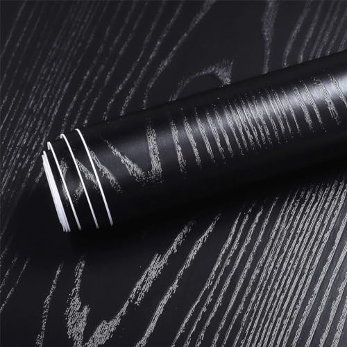 Image of SUNBIRD Black Wood Wallpaper, PVC and Wood Composite, Self-Adhesive, DIY, 24in x 3m, Ideal for Smooth Flat Surfaces, Kitchen, Home Decoration