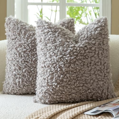 Mandioo Lot de 2 Housses de Coussin Taupe 40 x 40 cm Fausse Fourrure Bouclé Sherpa Épaisse Décorative Taie d’Oreiller Douce pour Canapé Lit Salon