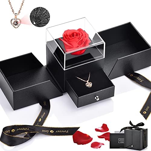 AuDafu Gifts for Women Eternal Rose, Handmade Preserved Roses Jewelry Gift Box with Sliver Necklace for her, for Girlfriend and mom, Birthday Ideas (Necklace-Gold)