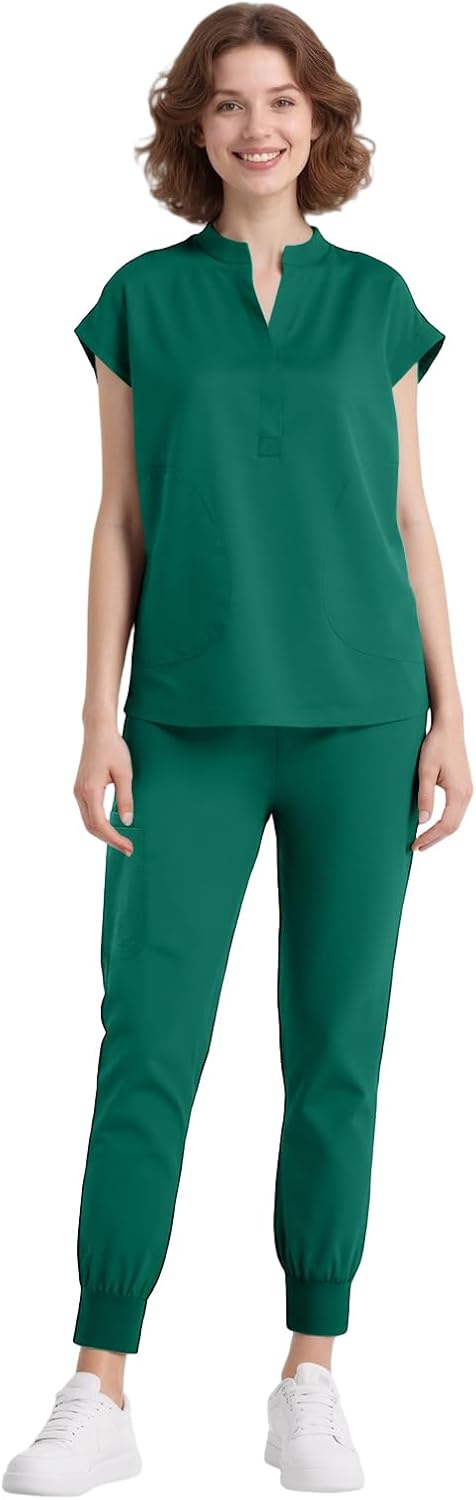 Scrubs for Women Set, Sleeveless Stand-Up Collar Medical Nurse Uniform Top and Jogger Pants, 8 Pockets