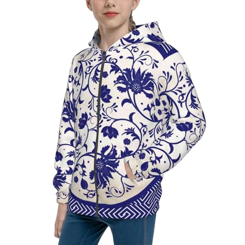 Blue And White Porcelain Pattern Kids Pullover Hoodies Boys Zip Up Sweatshirts Girls Athletic Clothes with Pocket
