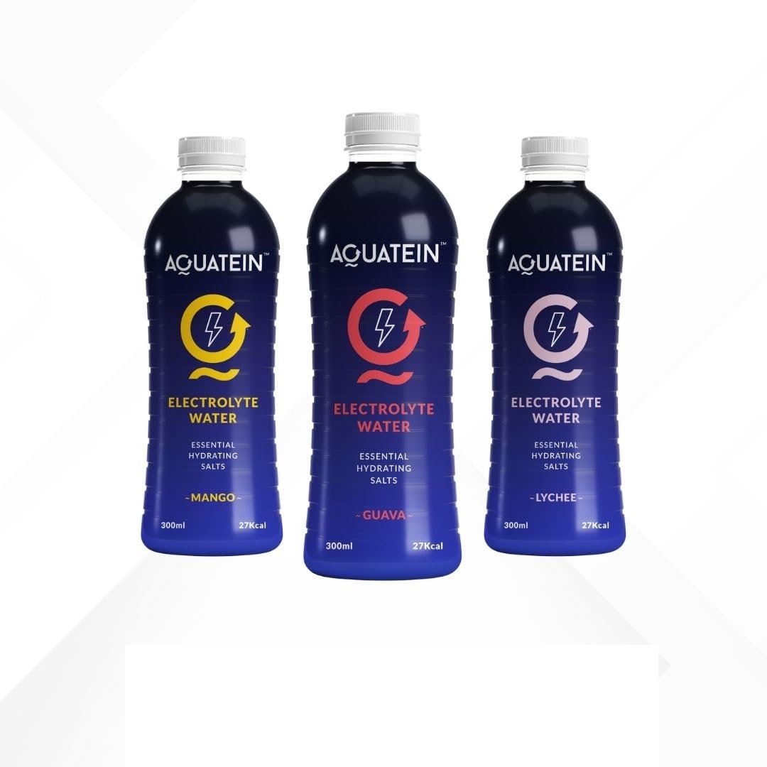 Aquatein Electrolyte Water – Tropical & Exotic Hydration Pack | Mango, Guava & Lychee | 300ml Refreshing Electrolyte Drink | Low-Calorie Hydration + Energy | Essential Electrolyte Salts (Pack of 12)