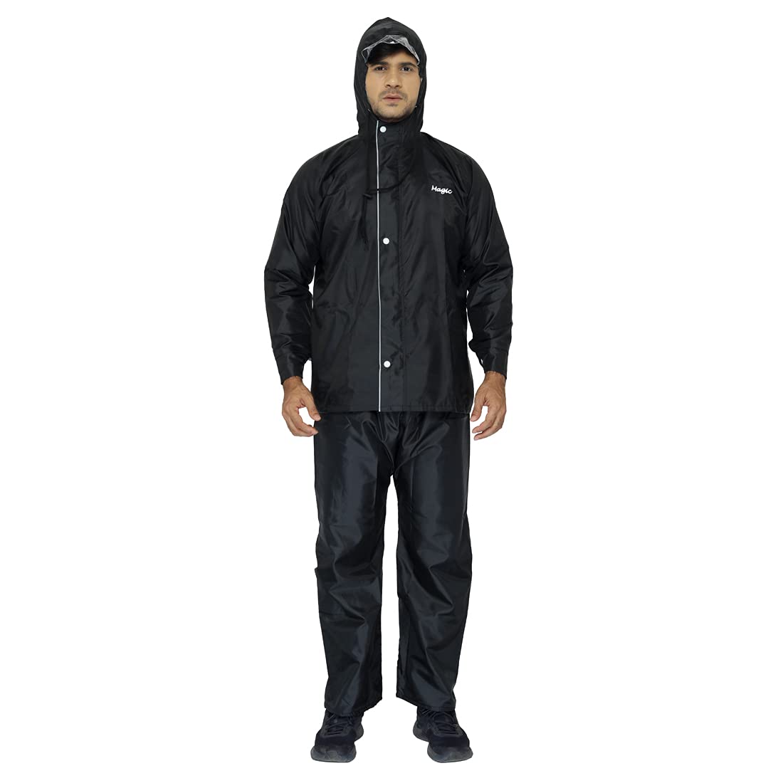 Reversible Men's Polyester Double Layer Waterproof Raincoat with Hood and Reflector at Back for Night Travelling. Set of Top and Bottom Packed in a Storage Bag