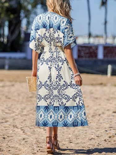 Image of CUPSHE Women's Summer Boho Maxi Dress Paisley Floral V Neck Smocked Dress Beach Vacation Slit Hem Flowy Dress with Pockets