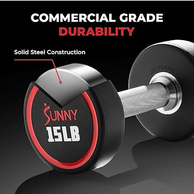 Sunny Health & Fitness Premium Polyurethane Commercial Grade Round Dumbbells with Diamond Knurled Handle, Durable Strength Training Equipment for Home Gym, 5-50LB