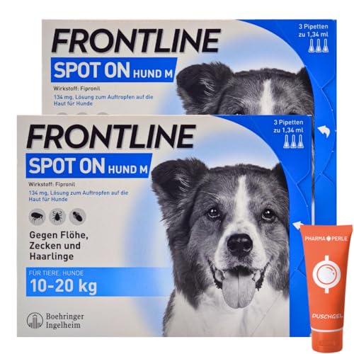Frontline Spot on für Hunde - Zuverlässiger Schutz gegen Zecken, Flöhe und Haarlinge – Einfach aufzutragen I Sparset mit give-Away von Pharma Perle (Frontline für Hunde M 10-20 kg 2 x 3 St.)