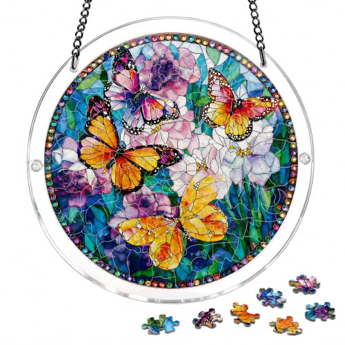 Puzzle Décoratif Papillons à Suspendre, Puzzle Rond Style Vitrail avec Chaîne Métallique, Motif Fleurs Colorées, Activité Créative et Décoration pour Maison Véranda Jardin