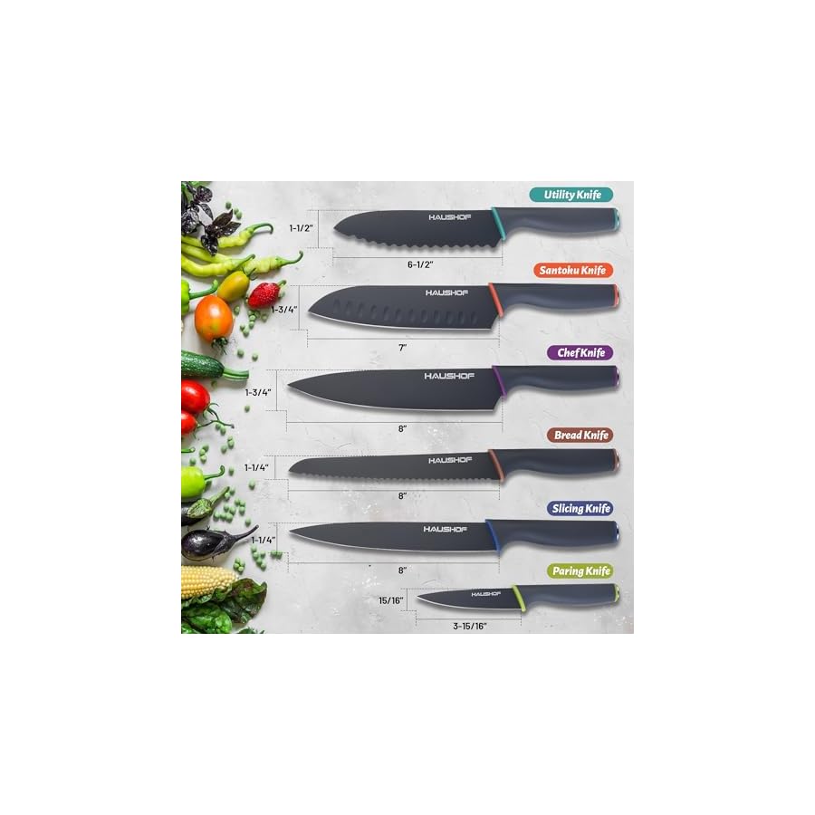 HAUSHOF-Kitchen-Knife-Set-12-Piece-Knives-Set-with-6-colorful-Sheaths-Non-Stick-Coated-Stainless-Steel-Blades-for-Slicing-DicingCutting-Gifts-Knife-Set-for-Dad-Mom-Husband-and-Wife HAUSHOF Kitchen Knife Set, 12-Piece Knives Set with 6 colorful Sheaths, Non-Stick Coated Stainless Steel Blades for Slicing, Dicing&Cutting, Gifts Knife Set for Dad, Mom, Husband and Wife