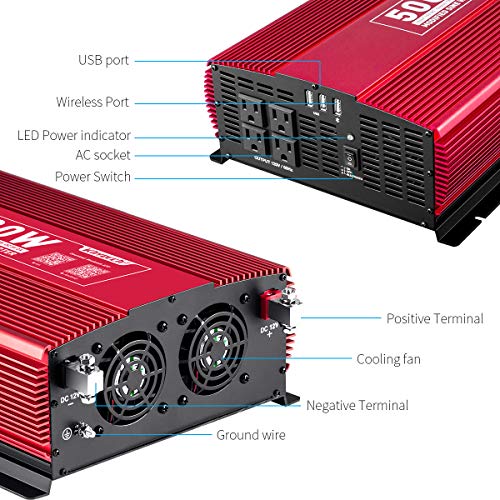 KINVERCH 5000 Watts Power Inverter 12V to 110V, Modified Sine Wave Car Inverter, Dual 110 Volt AC Outlets, Hardwire Kit, DC to AC Converter with Bluetooth APP Remote Control