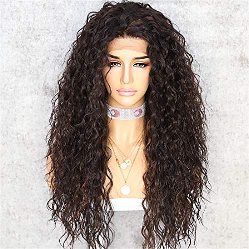 WIGODDESS Brown Curly Lace Front Wig, Curly Wig Daily Makeup Party Wig Perruque Heat Resistant Hair 26 inch Dark Brown Synthetic Lace Front Wig Curly Lace Front Wig For Women