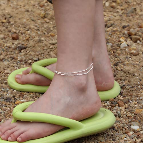 Tasiso Ankle Bracelets For Women Silver Layered Beaded Anklets Dainty Double Chain Anklet Bracelet Summer Beach Foot Chain Jewelry Gifts 8.3" #TOP2
