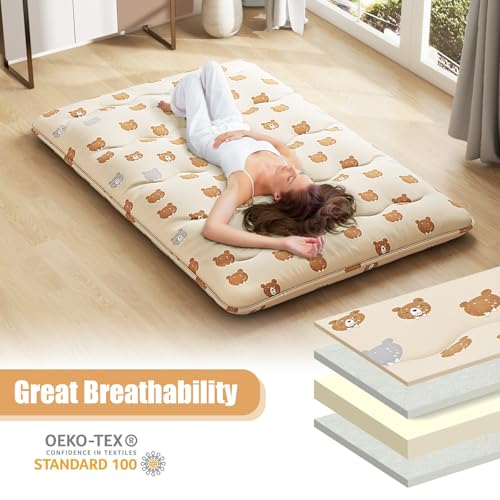 Miniatura 4 de Giantex Colchón De Suelo Futón Japonés, Alfombrilla De Tatami Plegable Y Portátil, Colchón Plegable Con Bolsa De Transporte Y Funda Extraíble Beige Oso, 140 X 200 Cm