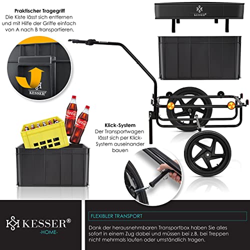 KESSER® Fahrradanhänger, Lastenanhänger, Handwagen mit Kupplung, Hochdeichsel, für Fahrrad Transportanhänger Transportbox mit 70 Liter Volumen, Max. 60kg, + Zubehör für Fahrräder mit 26-28, Schwarz