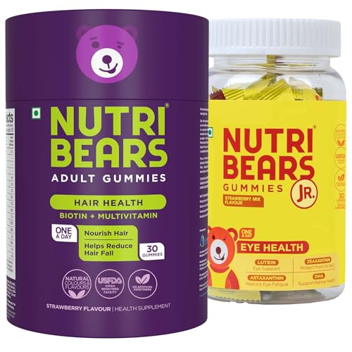 Image of NutriBears Kids Eye Health and Biotin Hair Gummies for Women & Men Combo, Lutein and Zeaxanthin for Ocular Support, Nourishing Anti-Loss Supplement for Thinning, Weak, or Brittle Hair, 60 Gummy Bears
