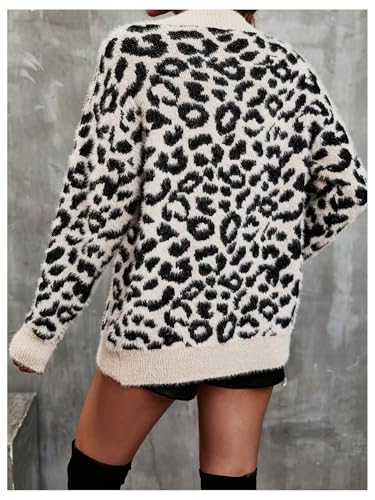 WDIRARA Women's Leopard Knit Button Up Cardigan Fuzzy Sweater V Neck Long Sleeve Outerwear2