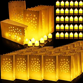100 Set Luminary Paper Bags with Flameless Tea Lights Christmas Flameless Candle with Luminaries Candle Bag LED Tea Light for Birthday Wedding Halloween Christmas Thanksgiving Party Decor (Star)