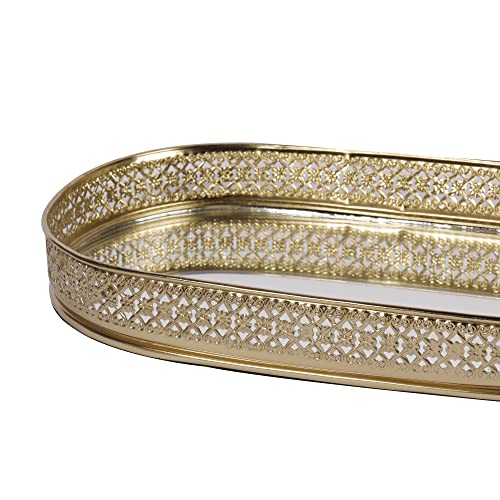 Image of Craft Brio -A TRENDY HANDICRAFTS Oval Glass Mirror Gold Plated Tray Decorative Vanity Perfume Storage Pooja Wedding Diwali Gifting Trays (28 X 16 cm)