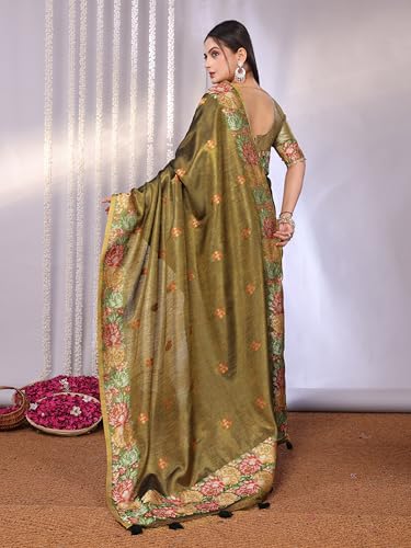 Image of SWORNOF Gold-Toned Woven Design Silk Zari Tissue Saree | Saree for Women | Soft and Skin Friendly