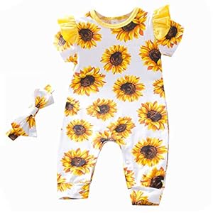 Tianhaik baby meisjes zonnebloem overall pak zomer bloem bedrukte ruches mouwen rompers pyjama Homewear + hoofdband